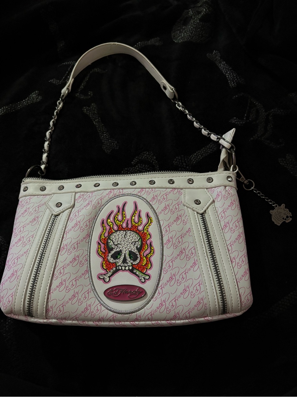 Ed Hardy White and Pink Script Skull Flame Shoulder Bag